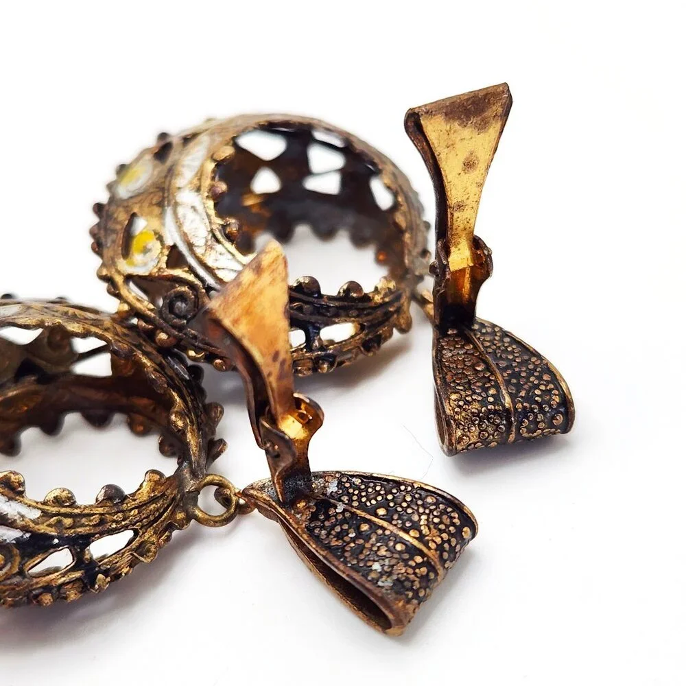 Vintage Damascene Enamel Aged Filigree Bronze Metal Clip On Drop Dangle Earrings - Picture 3 of 4